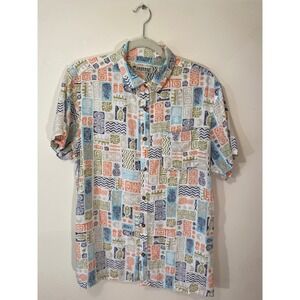 Coconut Connection Tiki Print Button Down Shirt Men's Large Tropical tiki core